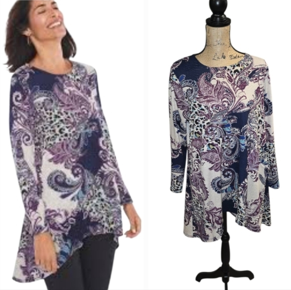 Chicos Size 2 Paisley Leopard Print Asymmetrical Tunic Top Long Sleeve